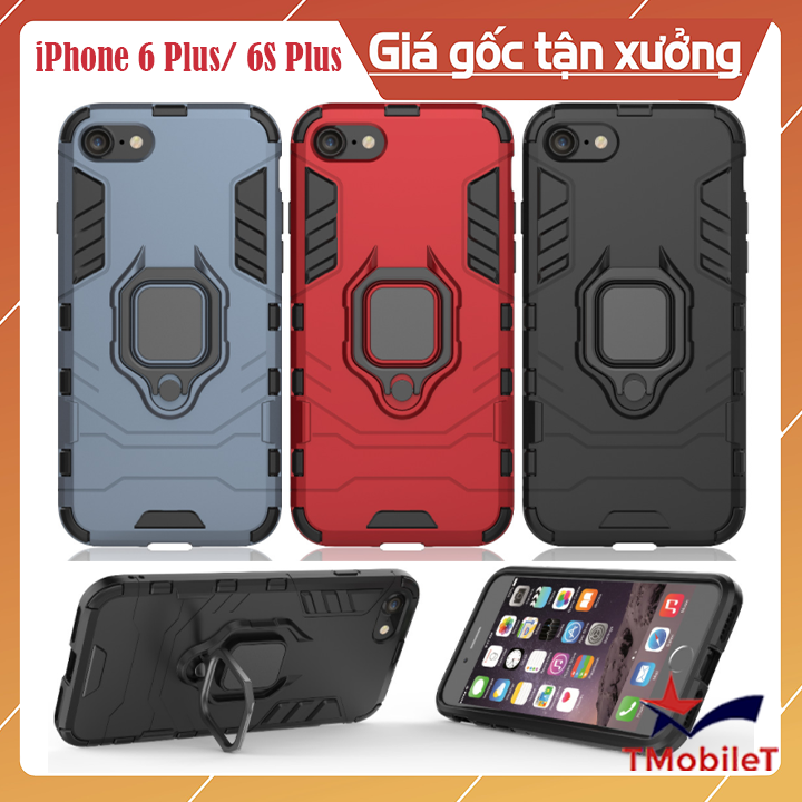 Ốp lưng Apple iPhone 6 Plus/ 6s Plus Max chống sốc Iron Man gắn giá đỡ iring hỗ trợ xem video, chống va đập mạnh - Màu Đen
