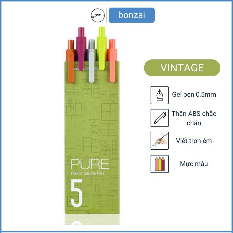 Bộ 5 bút gel KACO PURE loại Vintage mực nhiều màu (hàng chính hãng)
