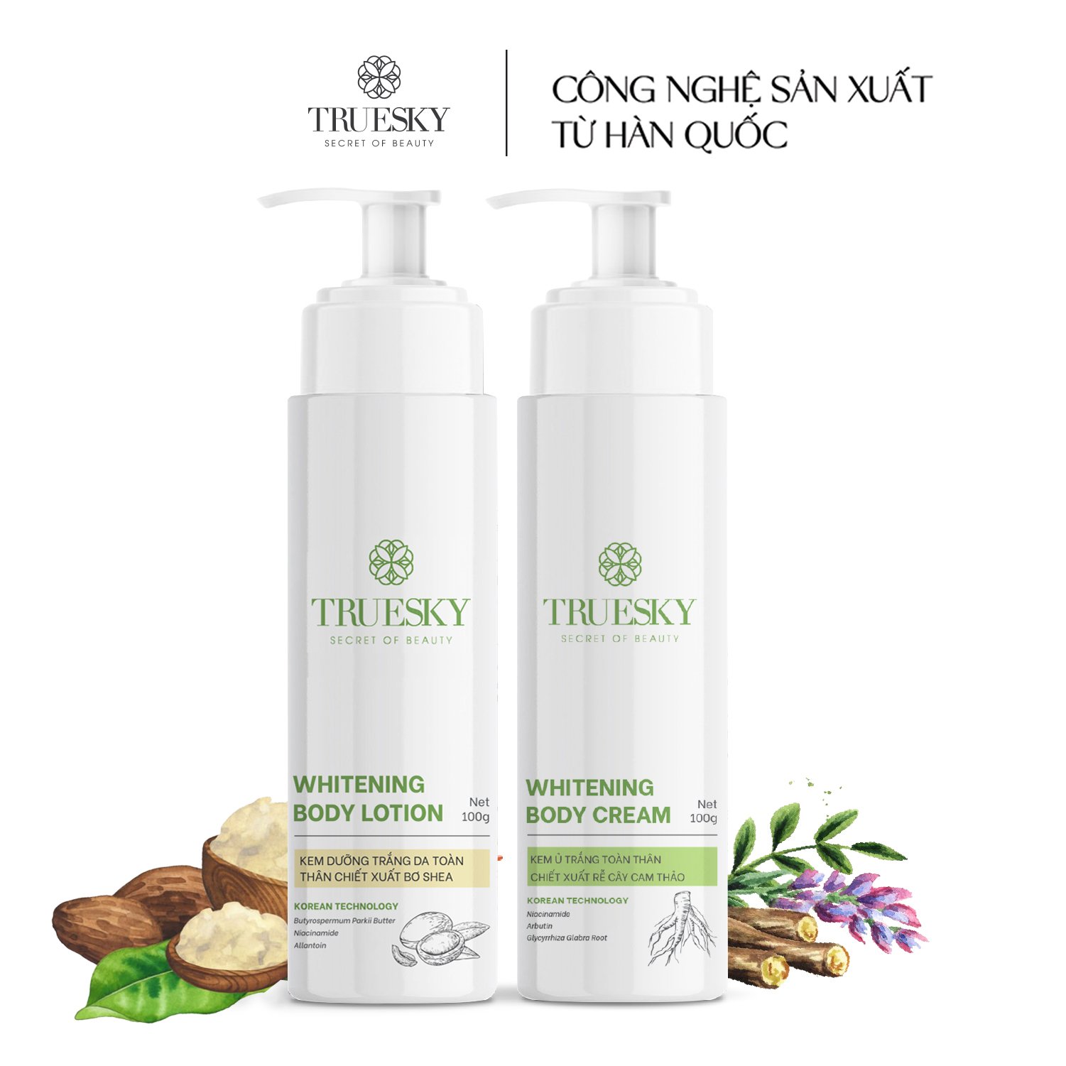 Bộ sản phẩm làm trắng toàn thân cấp tốc Truesky gồm 1 kem ủ trắng 100g và 1 kem dưỡng trắng 100g