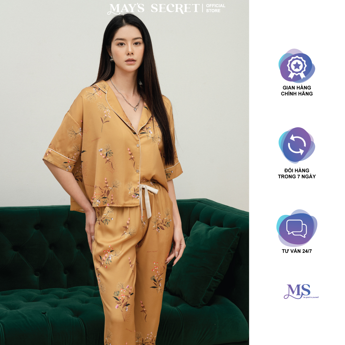 Bộ pyjamas lụa cao cấp in hoa tay cộc quần dài - May's Secret