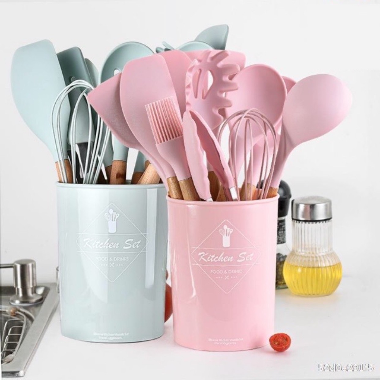 Bộ dụng cụ nhà bếp, nấu ăn làm bánh 11 món bằng silicone chịu nhiệt cao, Bộ dụng cụ bếp nấu ăn 11 món silicon tiện dụng, dụng cụ tay cầm gỗ