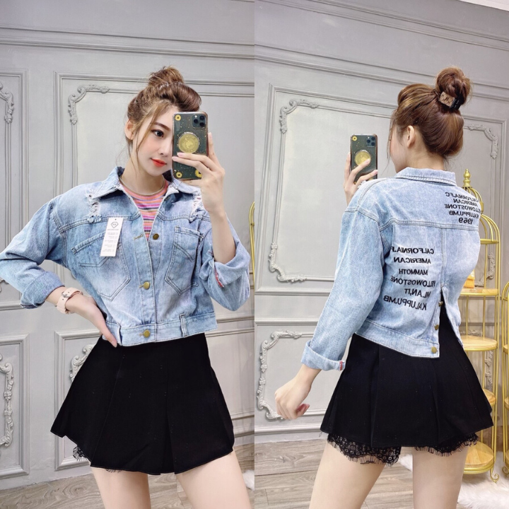 Áo Khoác Jean Nữ  Lửng Thêu Chữ Sau Lưng Cách Điệu Thời Trang Cao Cấp