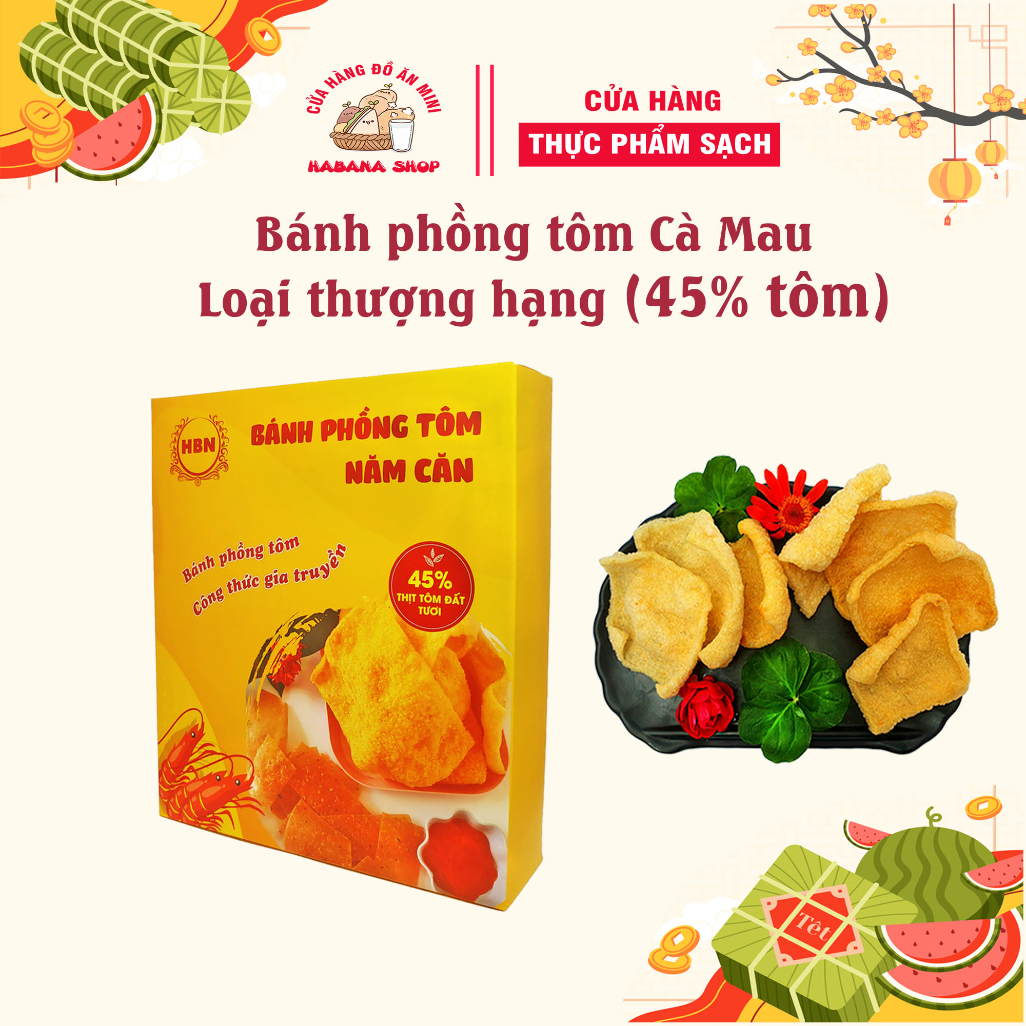 Bánh phồng tôm Cà Mau loại thượng hạng thơm giòn với 45% tôm đất nguyên chất hộp 500gr
