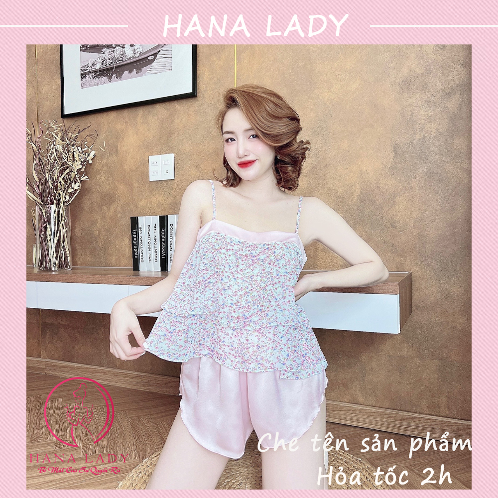 Bộ ngủ 2 dây hoa, đồ ngủ voan lụa họa tiết mặc nhà cao cấp VN500.