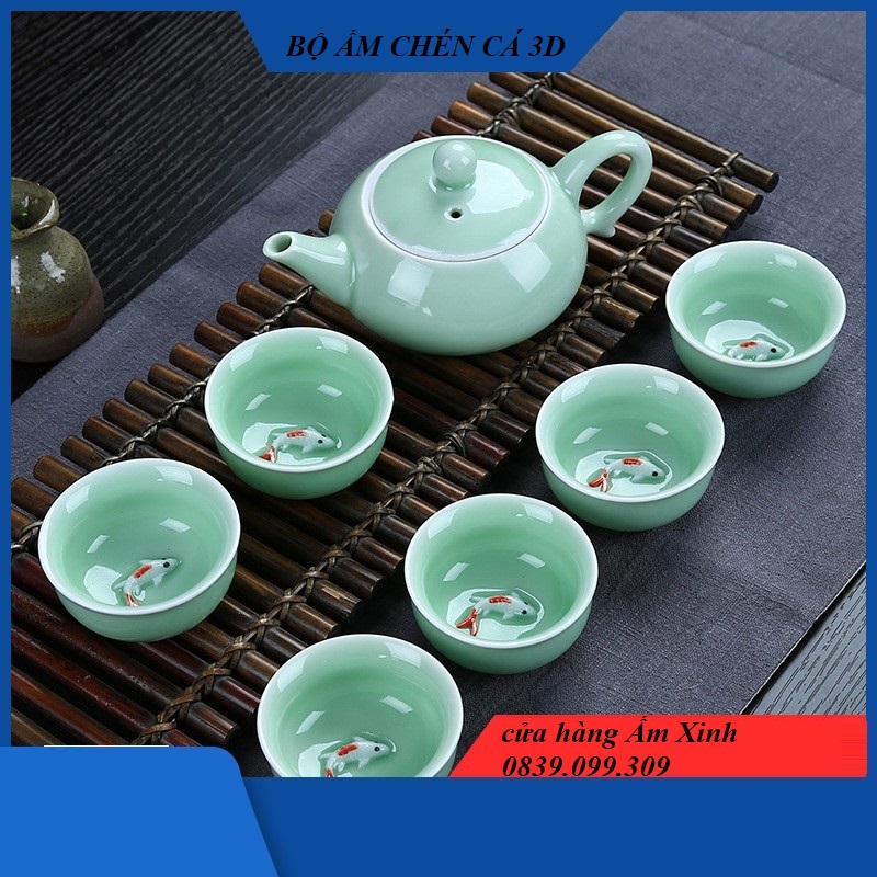 Bộ ấm chén sứ pha trà cao cấp họa tiết đàn cá 3D