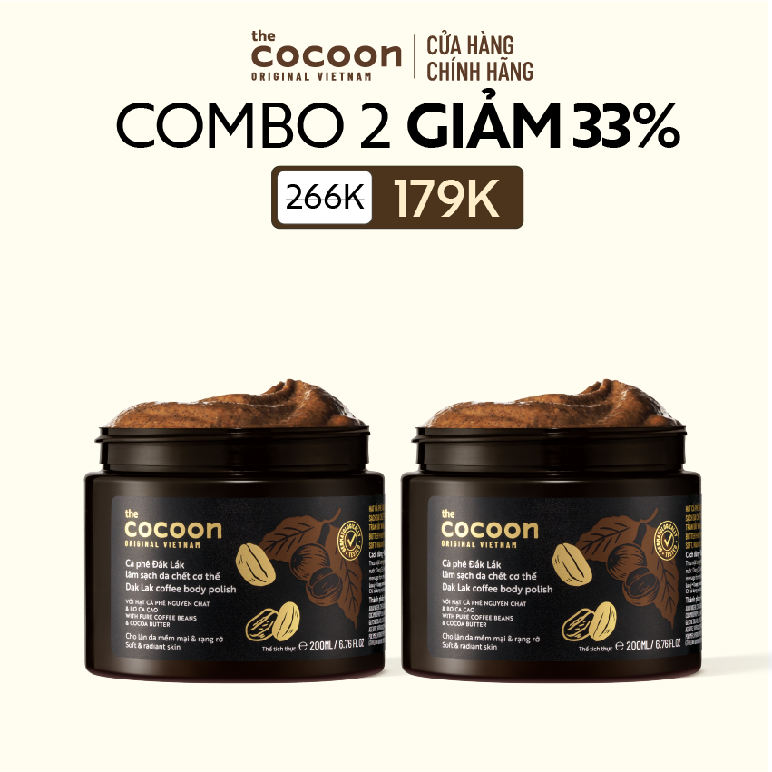Combo 2 hũ Cà phê Đắk Lắk làm sạch da chết cơ thể Cocoon 200ml/hủ