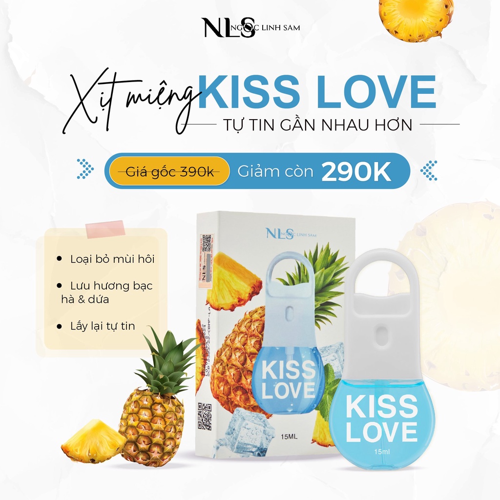 Xịt thơm miệng kiss love nls hương vị dứa, bạc hà thanh mát khử mùi hiệu quả chai 15ml