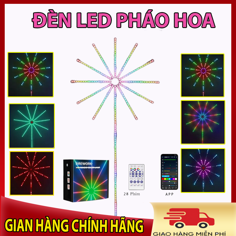 Đèn led pháo hoa, dây đèn led trang trí pháo hoa bộ 5 trùm 3 dây, đèn led pháo hoa cảm ứng, kết nối bluetooth, bộ đèn led pháo hoa trang trí trong nhà điều chỉnh qua điện thoại cao cấp, chống nước
