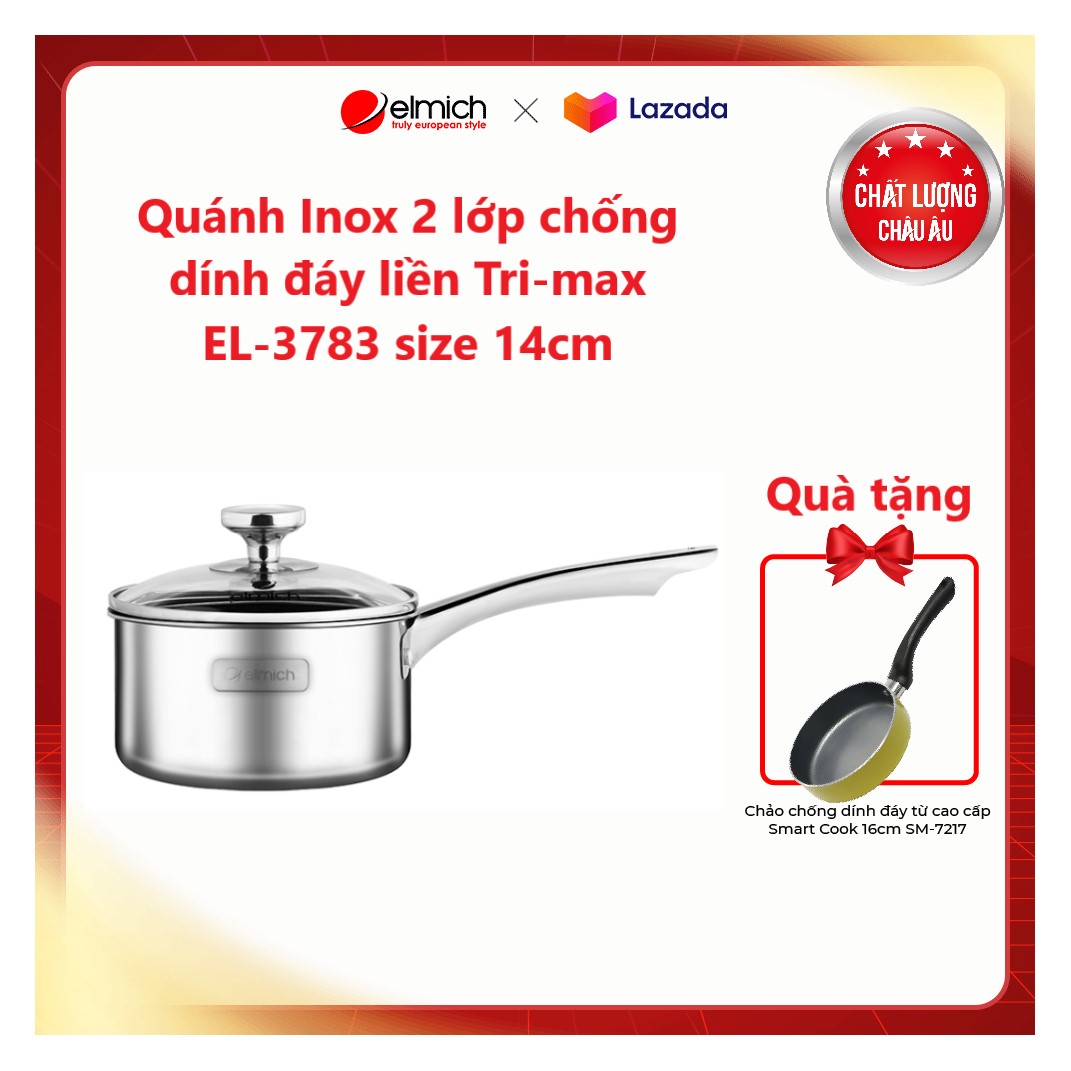 Quánh Inox 2 lớp chống dính đáy liền Tri-max EL-3783 size 14cm