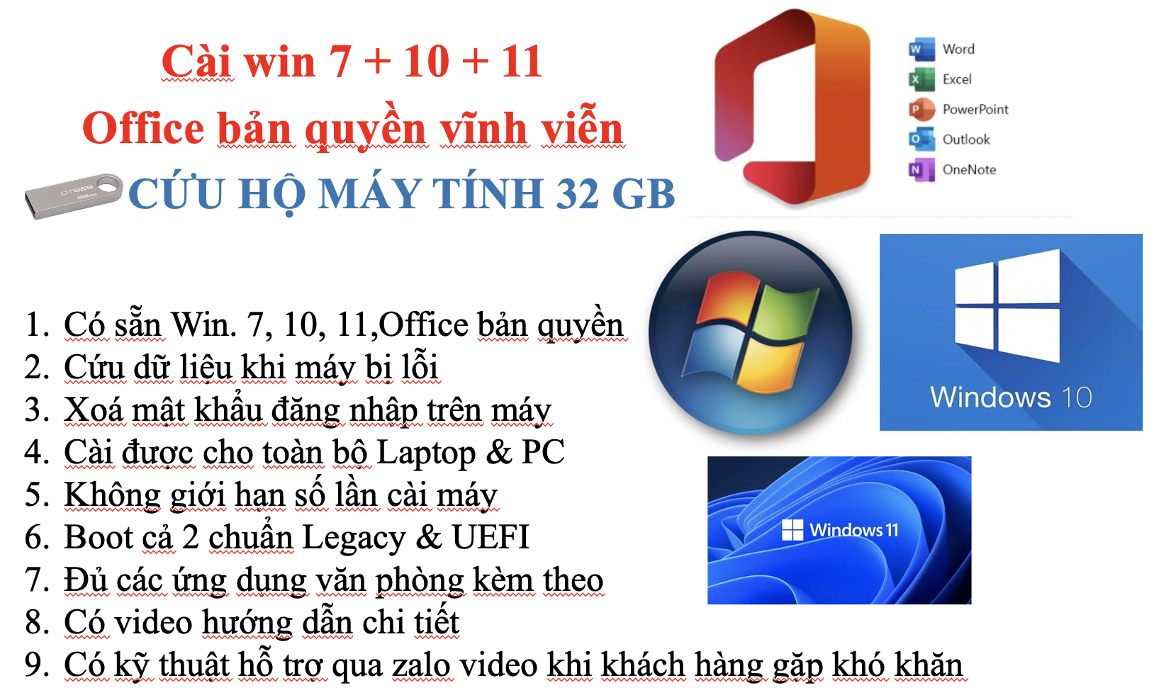 Usb Boot Cài Win Cứu Hộ Laptop, PC Win 7.10.11 + office sử dụng vĩnh viễn - có clip hướng dẫn