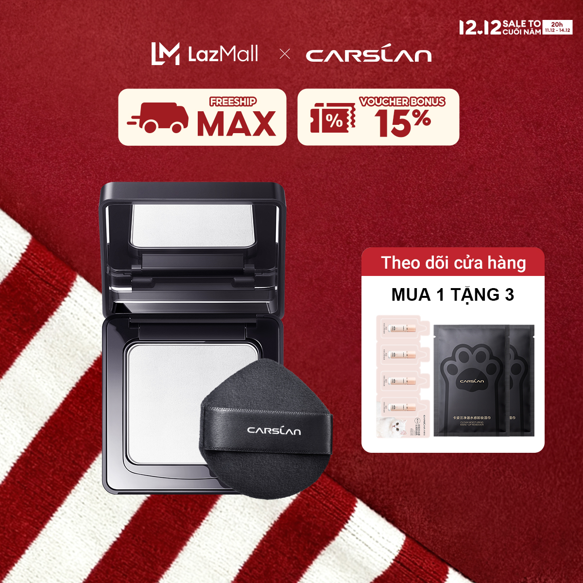   ĐỘC QUYỀN 11  20pm  - 14.12|VOUCHER+QUÀ TẶNG Phấn phủ CARSLAN siêu mỏng nhẹ lâu trôi kiềm dầu 24 giờ 8g hộp màu đen nam châm 