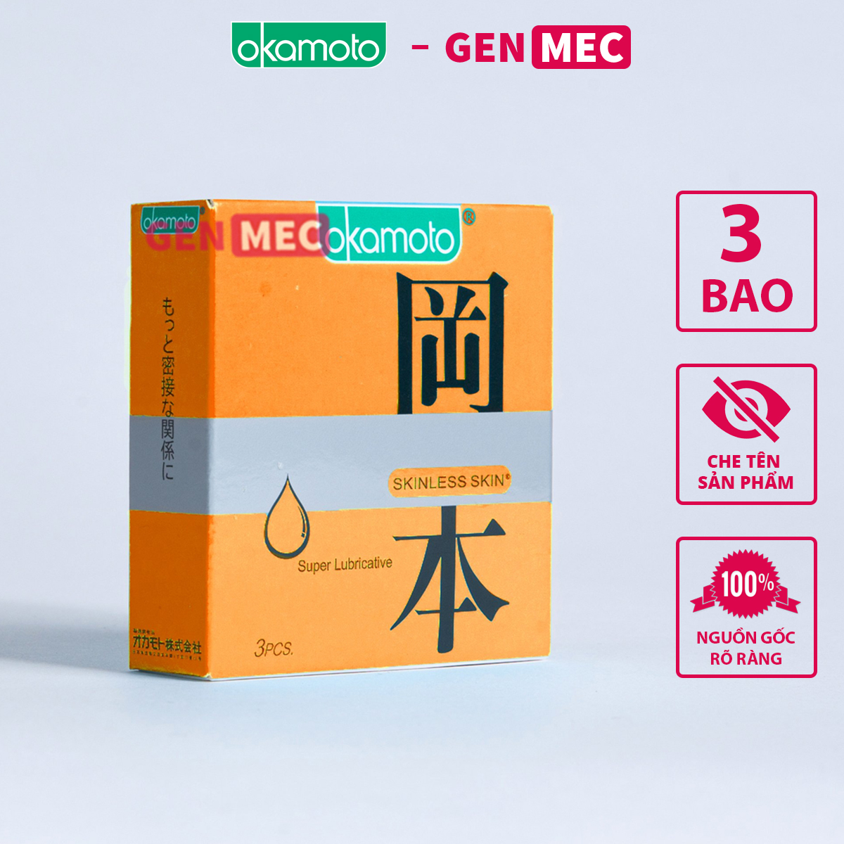 Bao cao su Siêu Mỏng Okamoto - Nhiều GeL Bôi Trơn - BCS Okamoto Orange Super Lubricative Skinless Hộp 03 bao -Genme