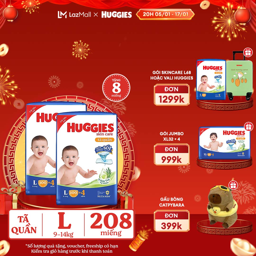 CHỈ 20H 0517.01 GIẢM THÊM 90K Combo 2 Gói Tã/bỉm quần HUGGIES SKINCARE MEGA JUMBO size L968 miếng/ L1004 miếng