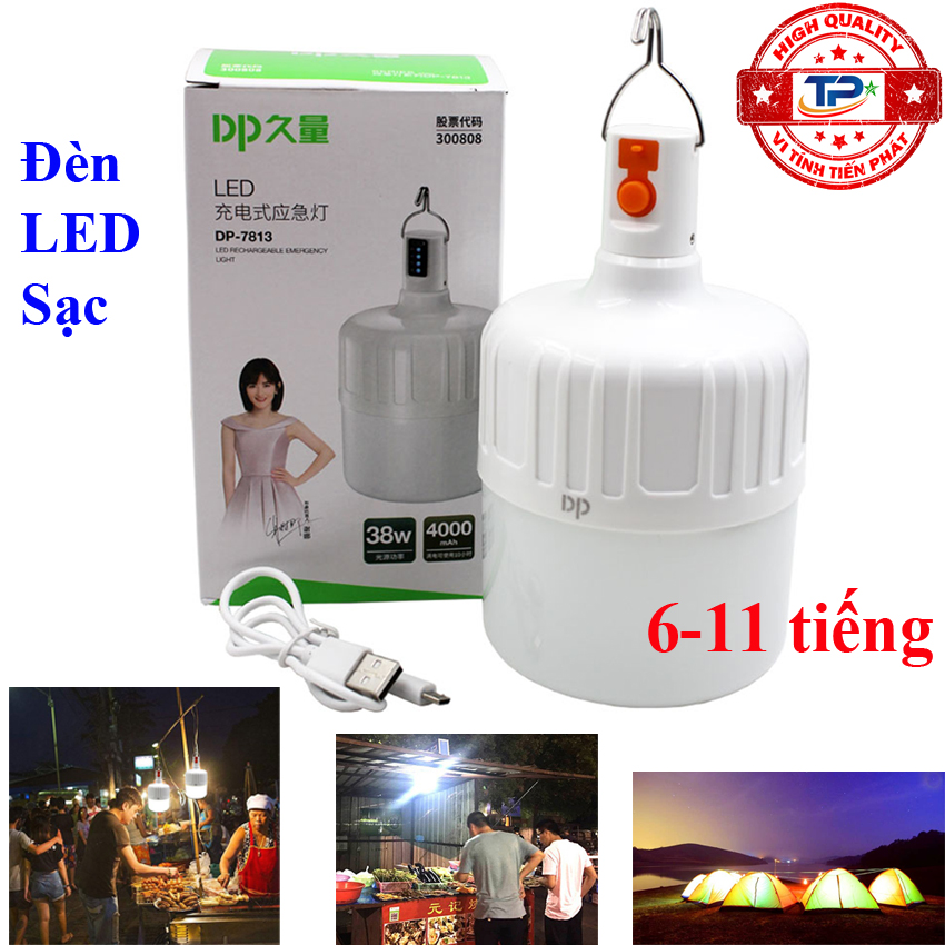 Bóng đèn LED sạc tích điện 38W DP-7813 với 3 chế độ sáng 6-11 tiếng, chống nước, dùng khi mất điện, bán hàng, công việc hoặc cắm trại ngoài trời... DP.