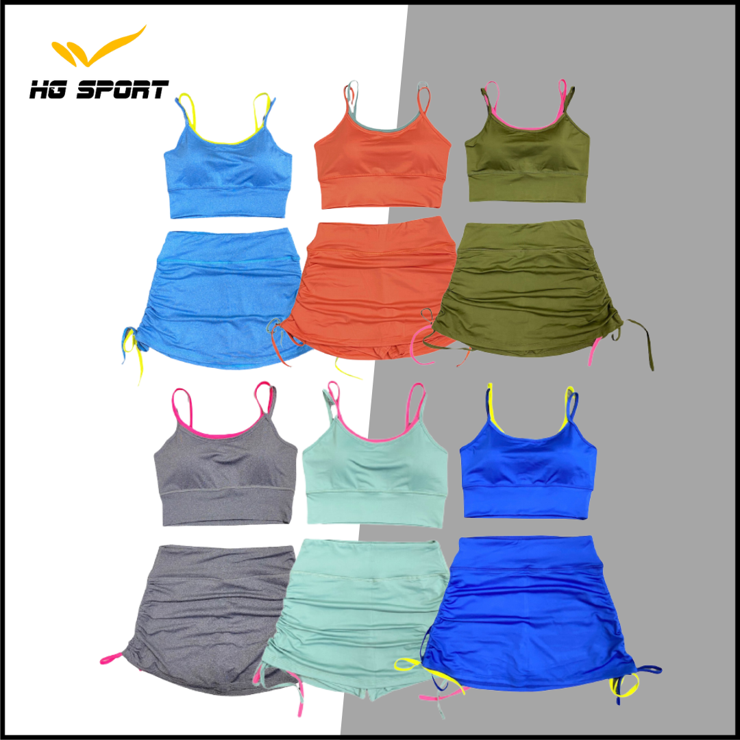 Đồ Tập Gym Bộ Đồ Tập Aerobic Thể Thao Nữ, Bộ Bra dây, Chân Váy Dây Rút 2 Lớp Chất Thun Có Sẵn Mút BDV08