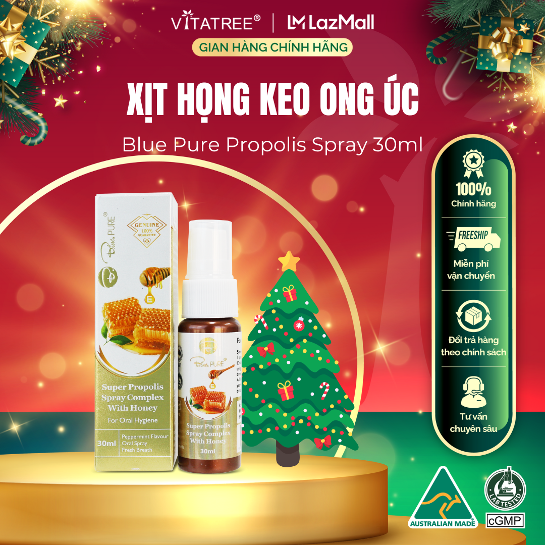 Xịt họng keo ong Vitatree Blue Pure Propolis Spray 30ml hỗ trợ giảm ho và đau ngứa rát họng hiệu quả