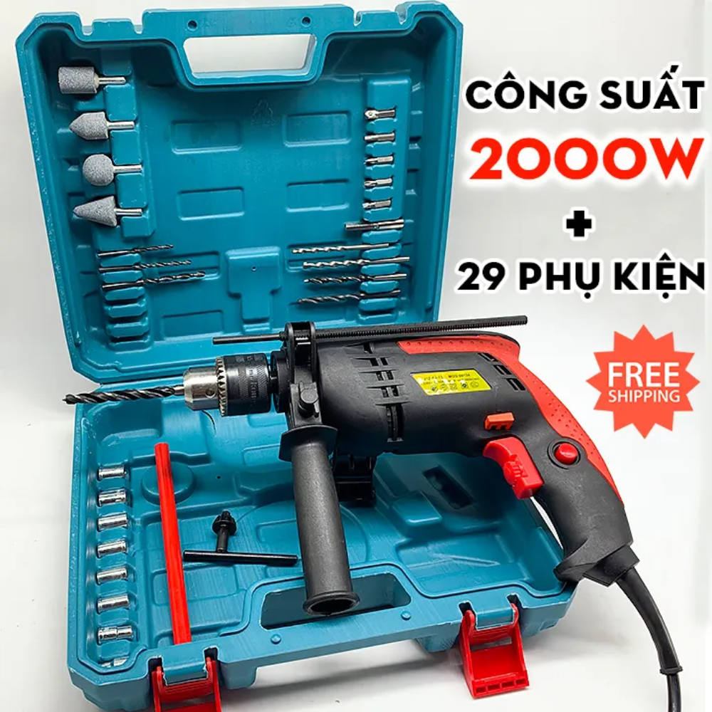 [Tặng 29 Phụ Kiện] Bộ Khoan Điện Công Suất Khủng 2000W Tiện Dụng ( Khoan, Bắt Vít, Siết Ốc Bulong , Mài ) - Đầu Kẹp 13 ly - Máy Khoan Cầm Tay