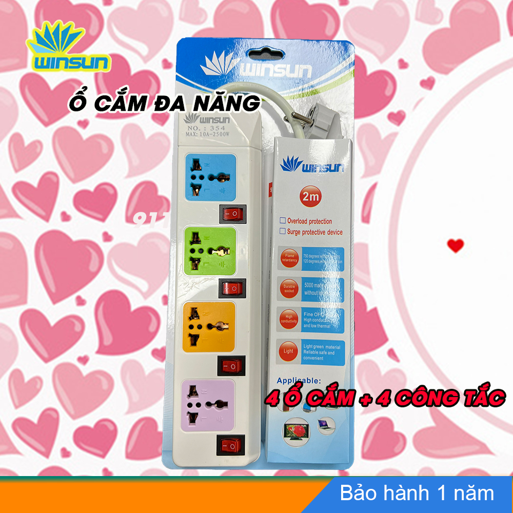 Ổ cắm điện đa năng, phích cắm điện 4 công tắc, 4 ổ cắm dài 2 mét 354 Winsun