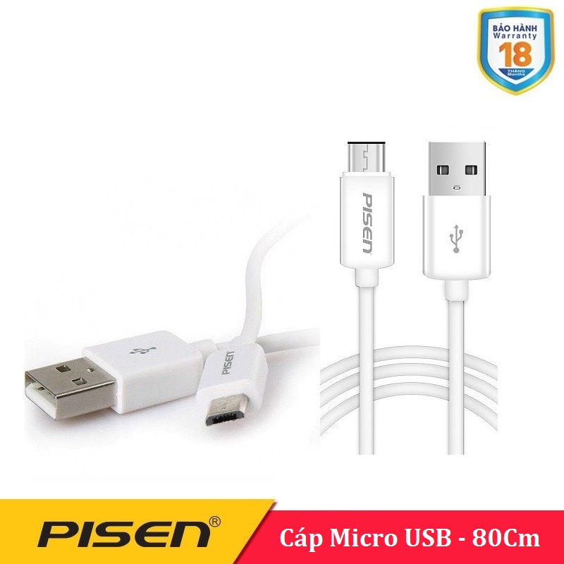 Cáp pisen micro usb 80cm - bh 18 tháng