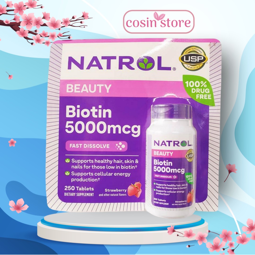 Viên ngậm nhai Natrol Biotin 5,000mcg Extra Strength 250 viên Beauty Fast Dissolve vị dâu của Mỹ - Hỗ trợ tóc móng khỏe biotin 5000 mcg - Cosin Store