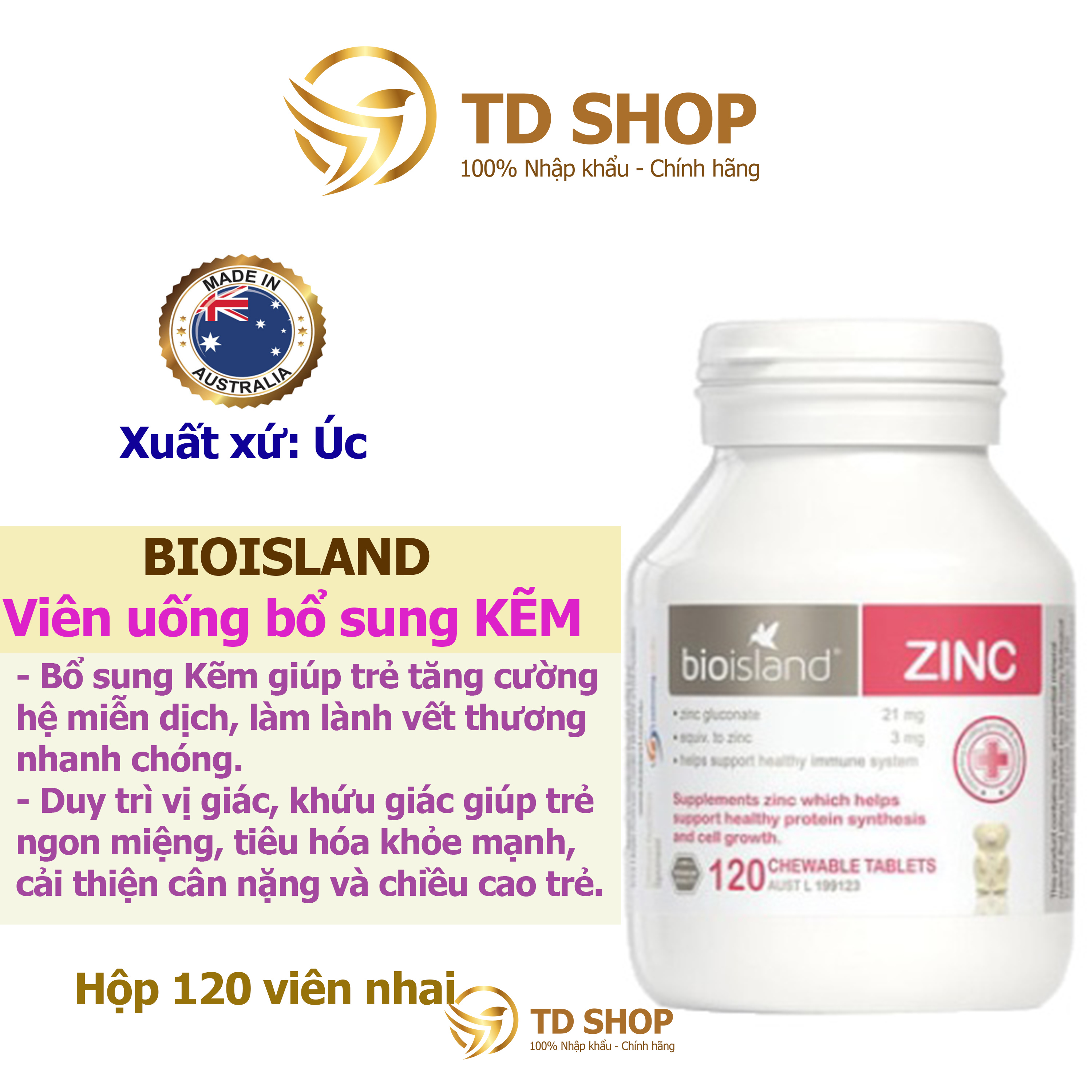 Viên nhai kẽm zinc bioisland úc - td shop