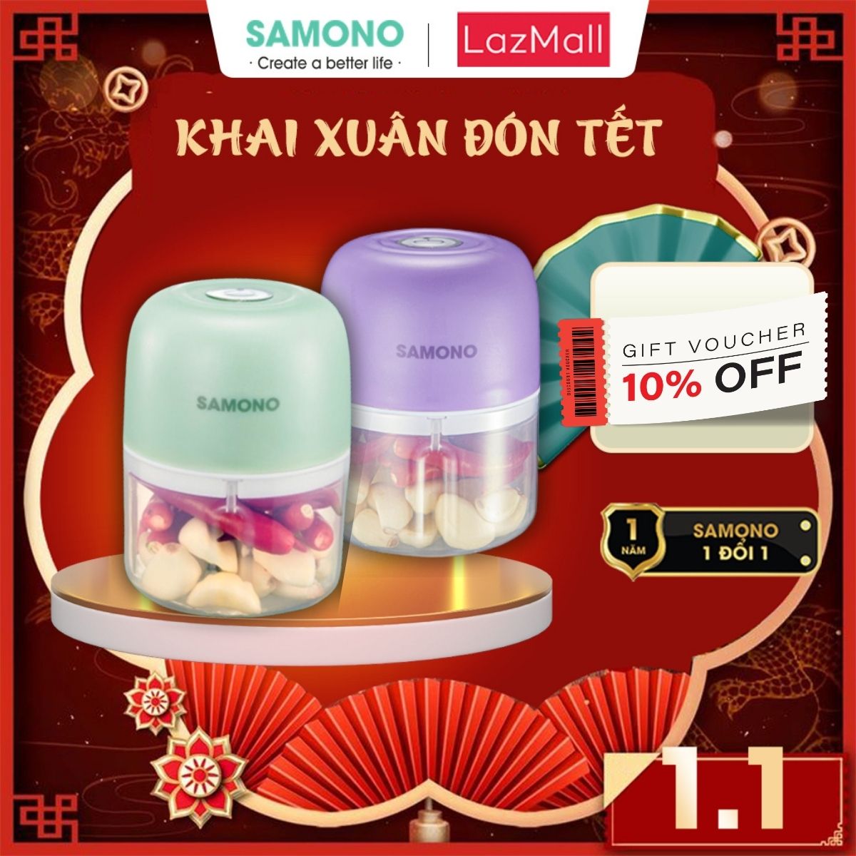 (BH 1 năm) Máy xay tỏi ớt cầm tay Samono SW-L4 250ml 30w không dây, dung lượng pin sạc 800 mAh, cổng type C