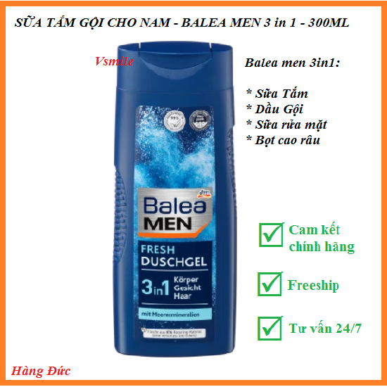 Sữa tắm gội cho nam Balea Men 3 in 1 - sữa tắm - dầu gội - sữa rửa mặt cho nam với mùi hương chuẩn men mát lạnh - 300ml - Hàng nội địa Đức