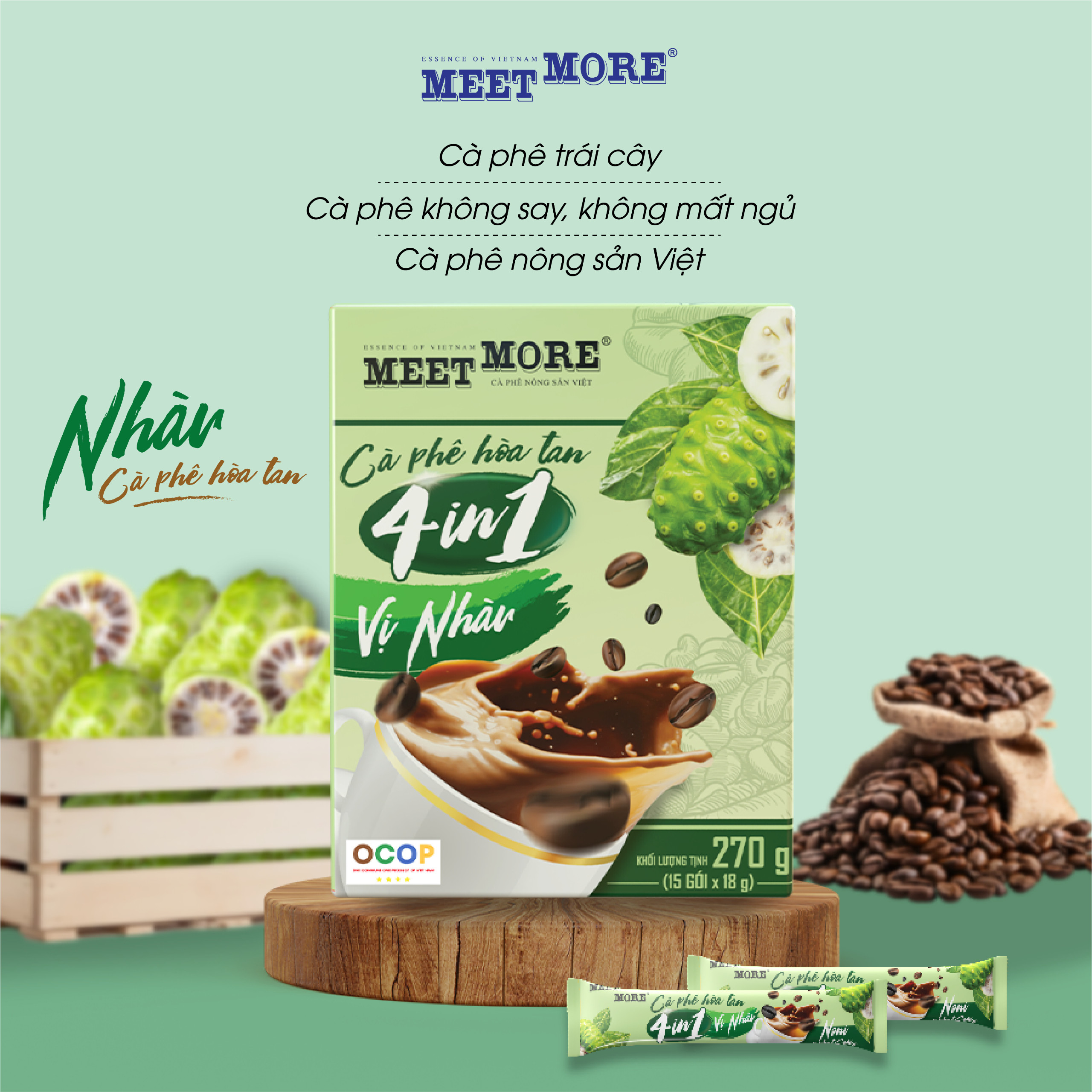 Hộp cà phê hòa tan vị nhàu Meet More (15 gói x 18g)
