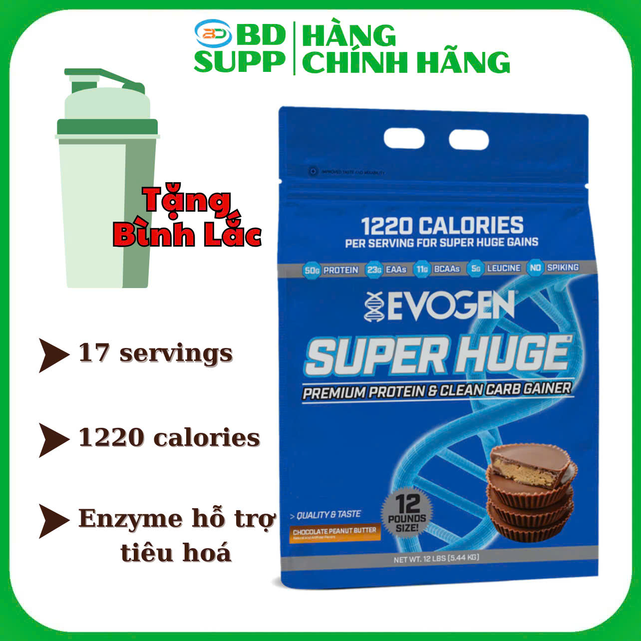 BBT Phân Phối - Evogen Super Huge Mass (5.4KG), Sữa Tăng Cân & Cơ Nạc, 50g Protein Cao Cấp, 22g EAA,