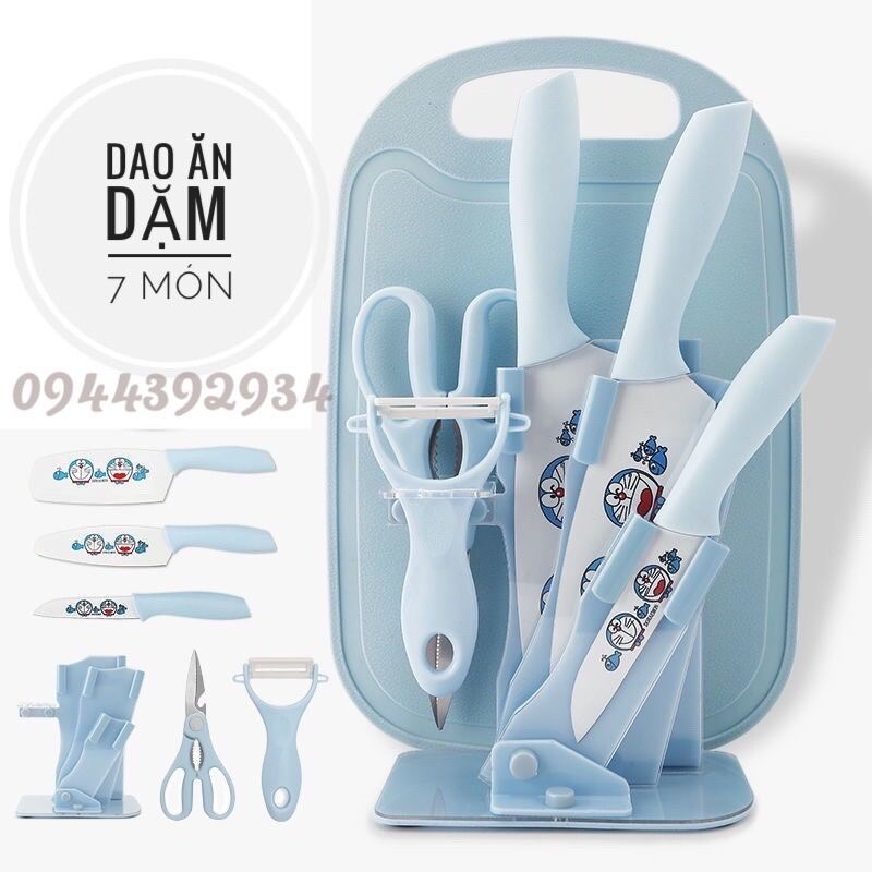 Bộ dao thớt 7 món - thép không gỉ kháng khuẩn - dao ăn dặm cho bé doremon hello kitty đáng yêu