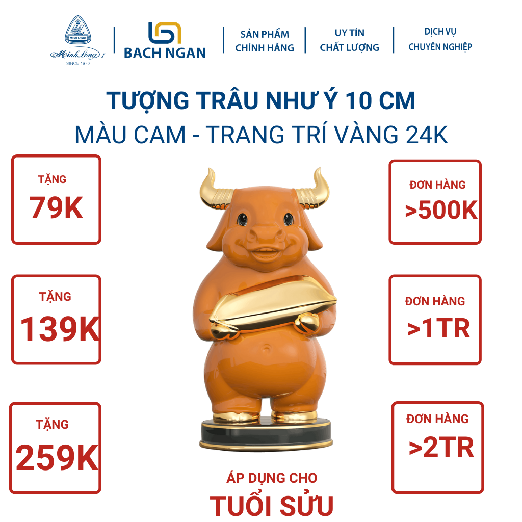 Tượng Trâu Phong Thủy Như Ý Sứ Minh Long 10cm nhiều màu, trang trí vàng 24K, may mắn, tài lộc đẹp cao cấp dùng tặng quà, nội thất