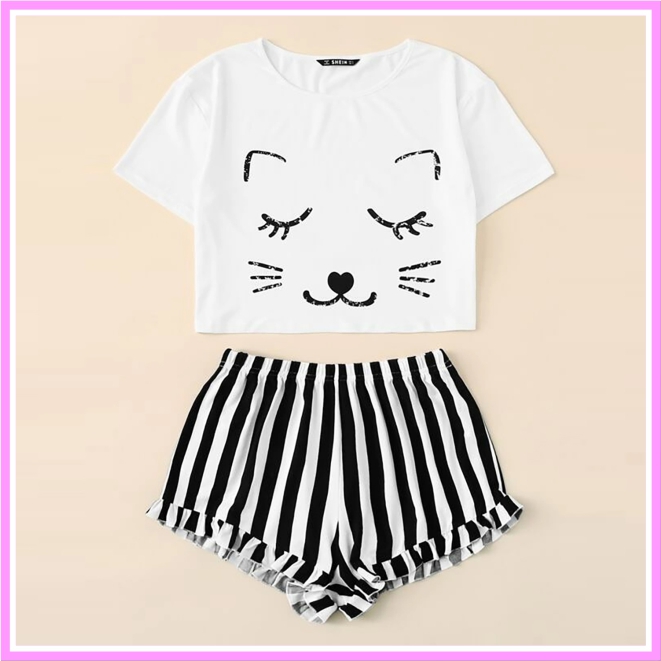 DB034 - Bộ đồ mặc nhà thun cotton dễ thương, có thể làm đồ mặc đi chơi dạo phố, đồ đi ngủ. Đồ bộ thun nữ tay ngắn. Áo phông quần đùi nữ. Đồ thun nữ mùa hè. Thời trang Macmot