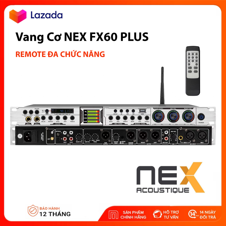 Vang cơ chống hú nex fx60 plus - vang cơ thế hệ mới có reverb tích hợp bluetooth , cổng quang , điều chỉnh bass, treble, delay, echo trong nhẹ mượt mà - màn hình lcd - remote điều khiển từ xa, bảo hành 12 tháng.