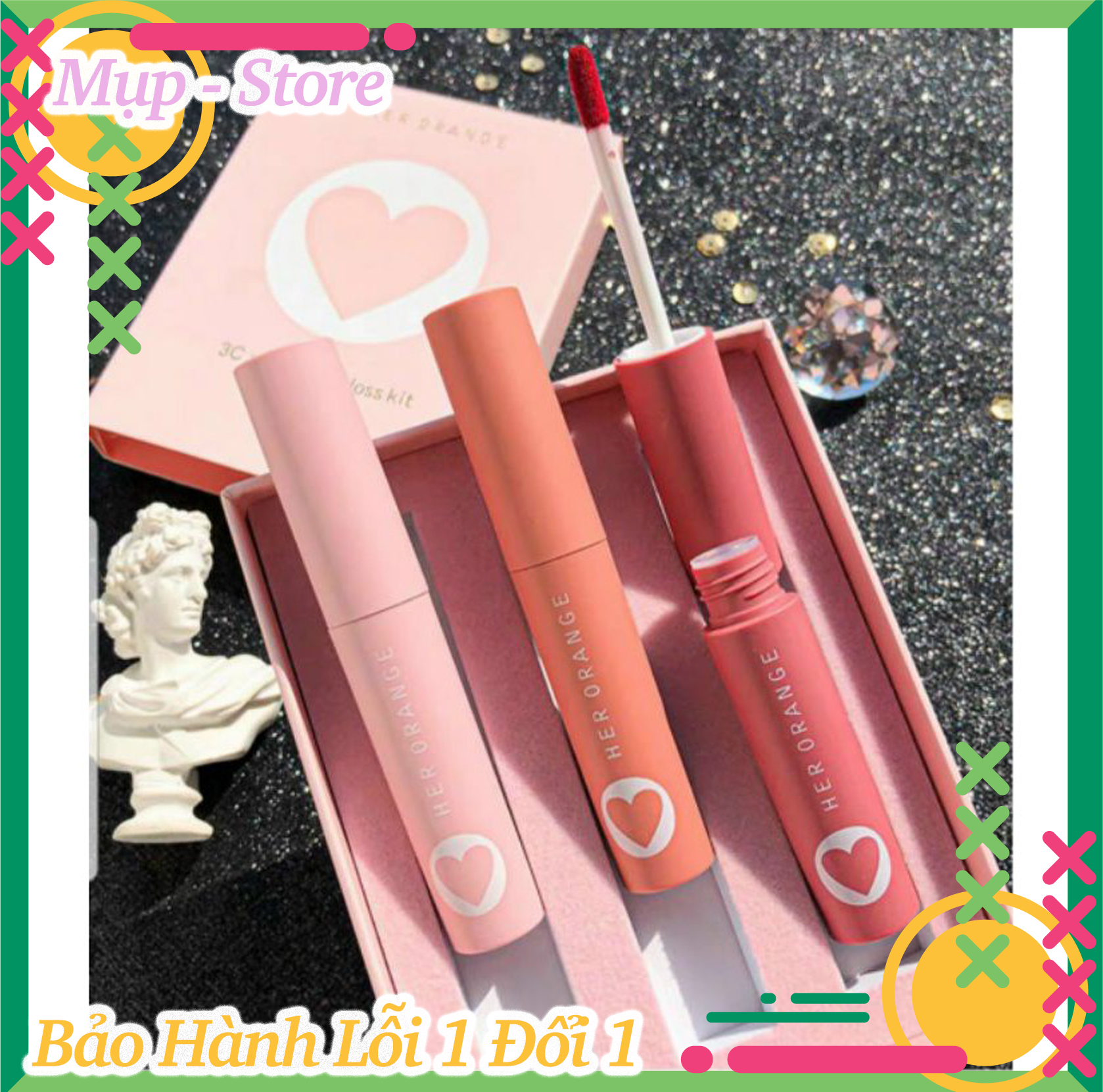 Full set 3 cây son herorange vỏ hồng phấn 3cx - slim lip gloss kit | set son môi kem lì phiên bản trái tim 3