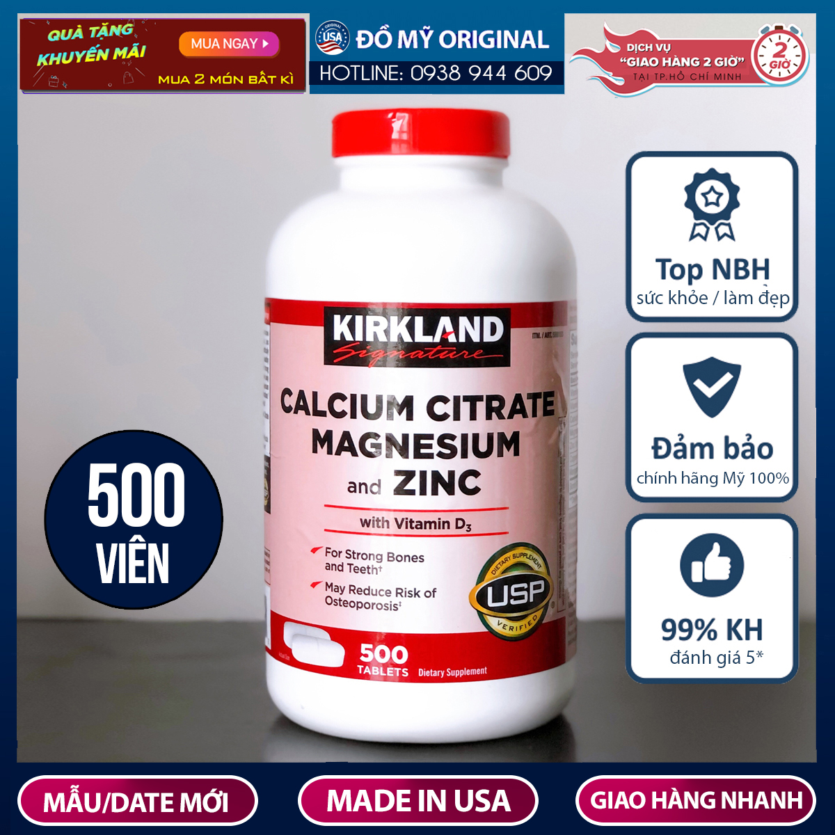 Viên Uống Calcium Citrate Magnesium And Zinc With Vitamin D3 Hộp 500 Viên Của Kirkland Nhập Mỹ Bổ Sung Canxi, Magie Và Kẽm Với Vitamin D3