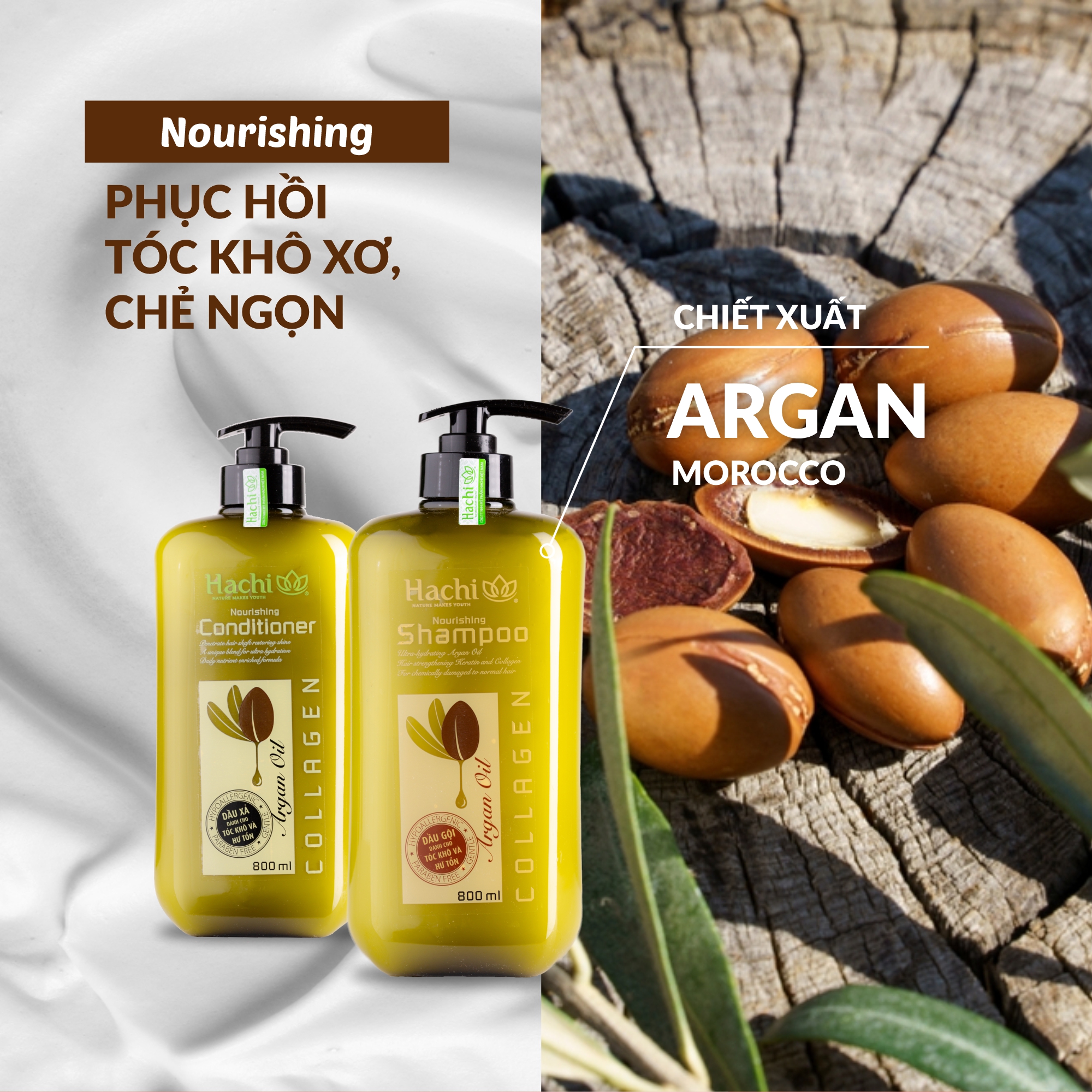 Combo dầu gội và xả argan hachi dành cho tóc hư tổn khô xơ 350ml 500ml 800ml