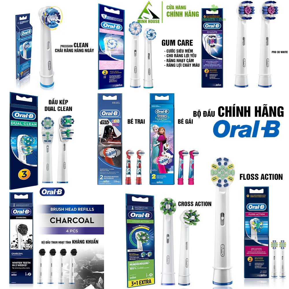 Set bộ đầu bàn chải đánh răng điện Oral B Braun, bàn chải lông mềm chính hãng Minh House