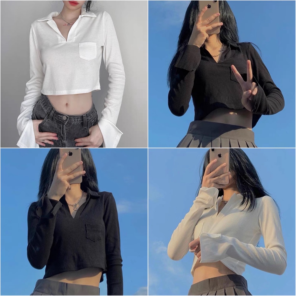 Áo croptop polo xẻ tay KA Closet chất bo tăm dầy co dãn tốt, xẻ tay độc lạ, dễ mặc
