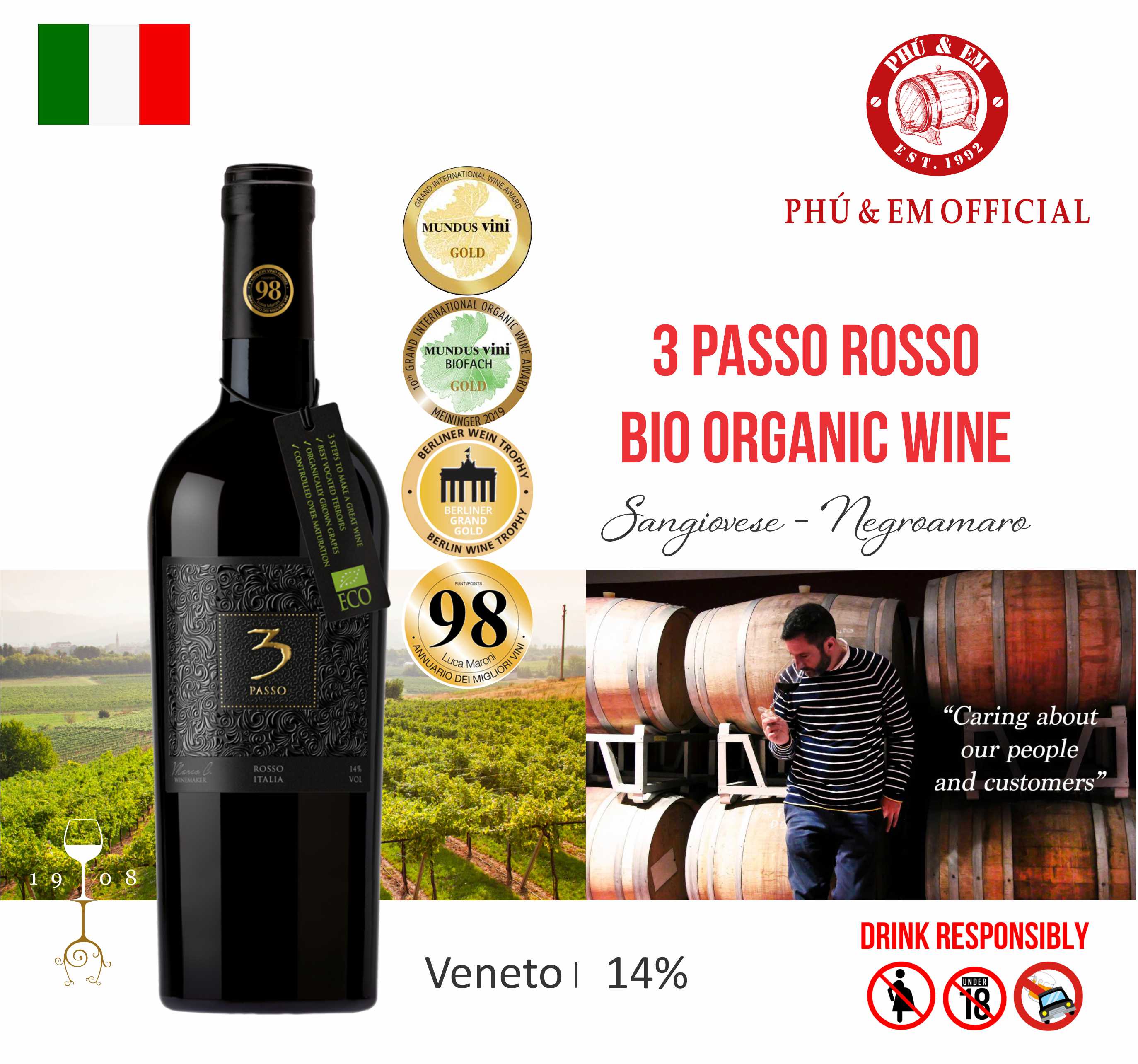 [CHƯƠNG TRÌNH THÁNG TÁM] Rượu Vang Đỏ Ý 3 Passo Rosso Bio Organic