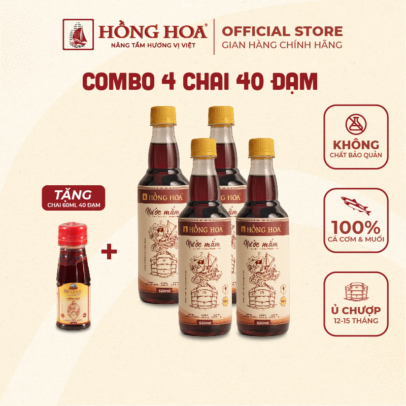 Nước mắm phú quốc hồng hoa 40 độ đạm 520ml, nước mắm nhĩ cá cơm truyền thồng