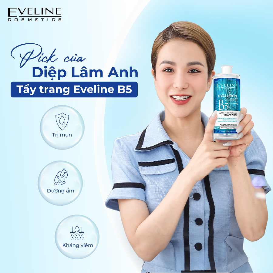 [Tặng nước tẩy trang 100ml] Nước tẩy trang Eveline Hyaluron Clinic B5 và tinh chất rau má làm dịu dưỡng ẩm và phục hồi da 500ML