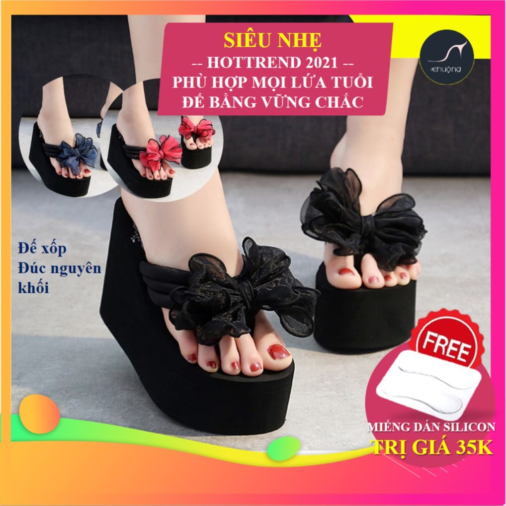 Dép đế xuồng NƠ VOAN sặc sỡ, dép đế cao dép xỏ ngón 10,5cm thời trang Hàn Quốc cao cấp giày Chuộng