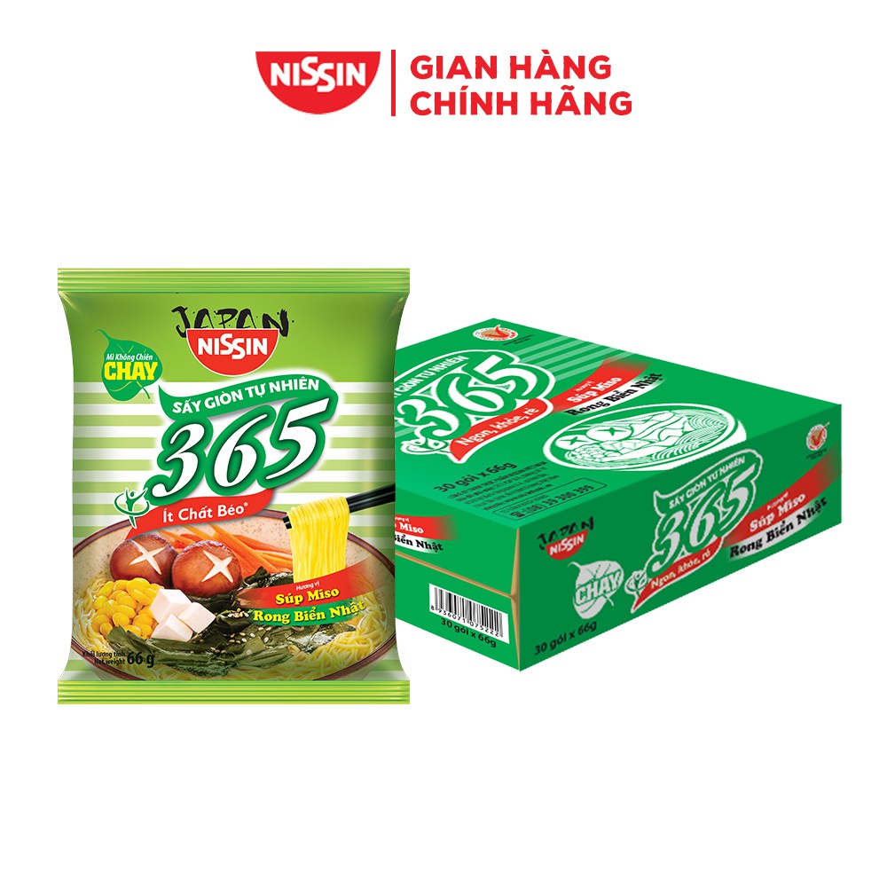 Thùng 30 gói Mì KHÔNG CHIÊN NISSIN 365 Chay - Hương Vị Súp Miso Rong Biển Nhật Bản
