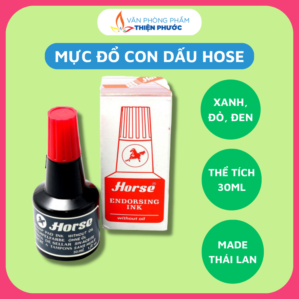 Mực dấu horse đỏ 30ml dùng cho các con dấu lật, mộc tên thiện phước