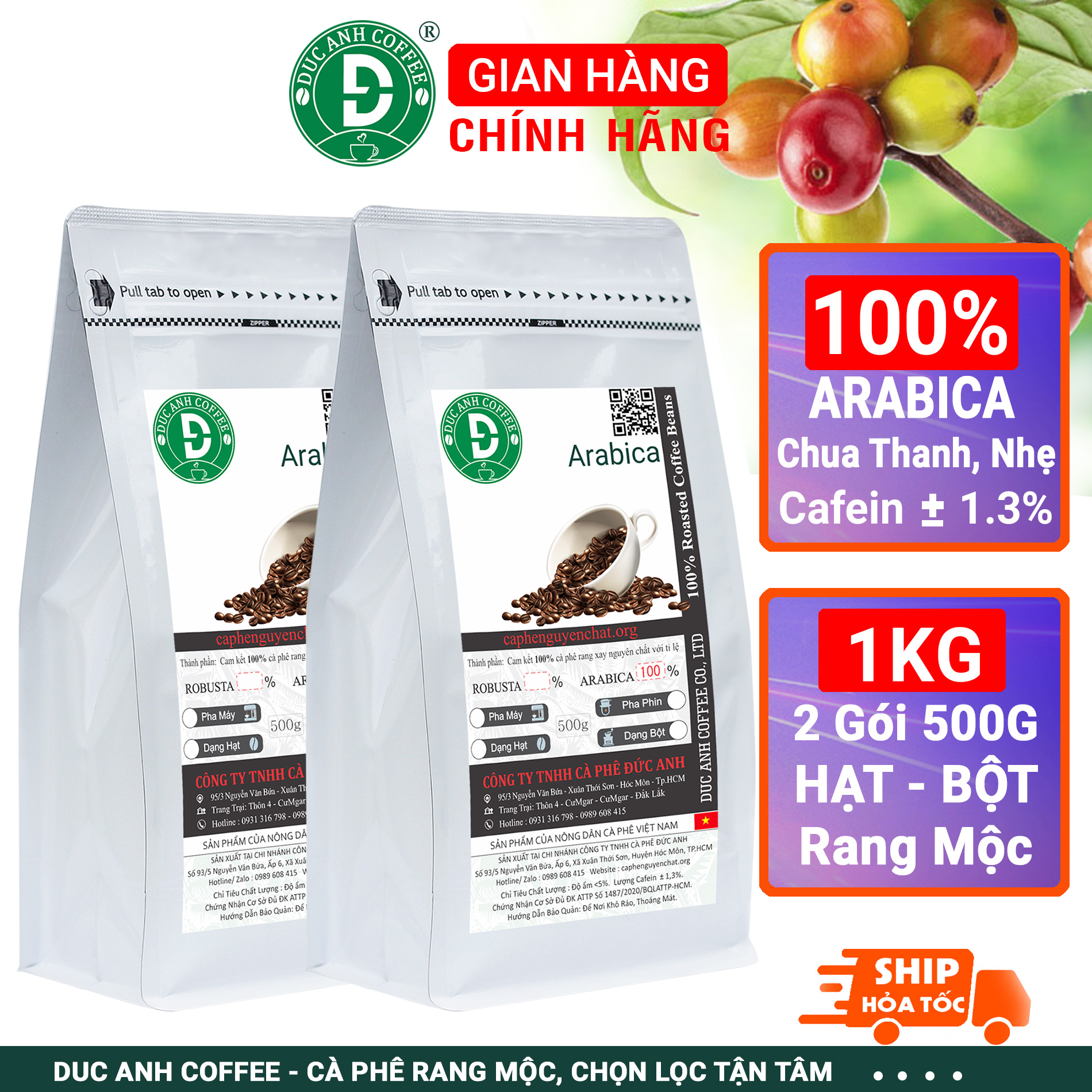1kg cà phê Arabica Đà Lạt DUC ANH COFFEE - Chua Thanh, Thơm Quyến Rũ, Pha Phin, Pha Máy, Nguyên Hạt  2 gói zipper 500g - Thương hiệu cà phê rang mộc DUC ANH COFFEE- Giao hàng nhanh - flash sale