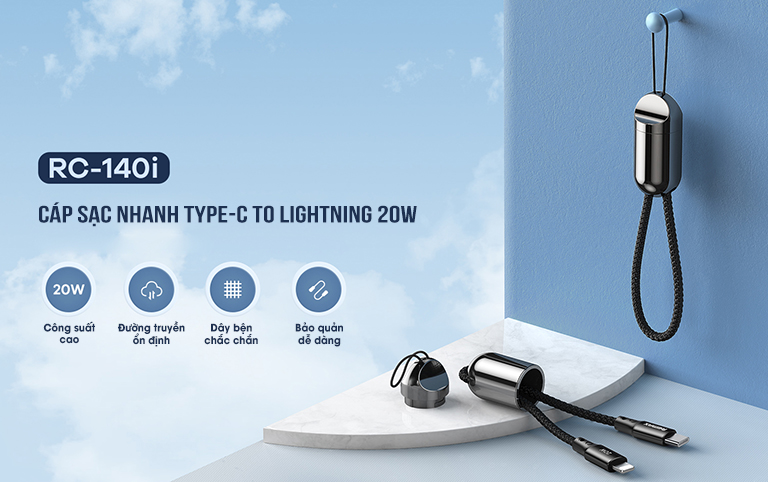 Cáp sạc nhanh 20w remax rc - 140 , cáp sạc chính hãng có dây buộc dành cho 2 cổng type c và lightning