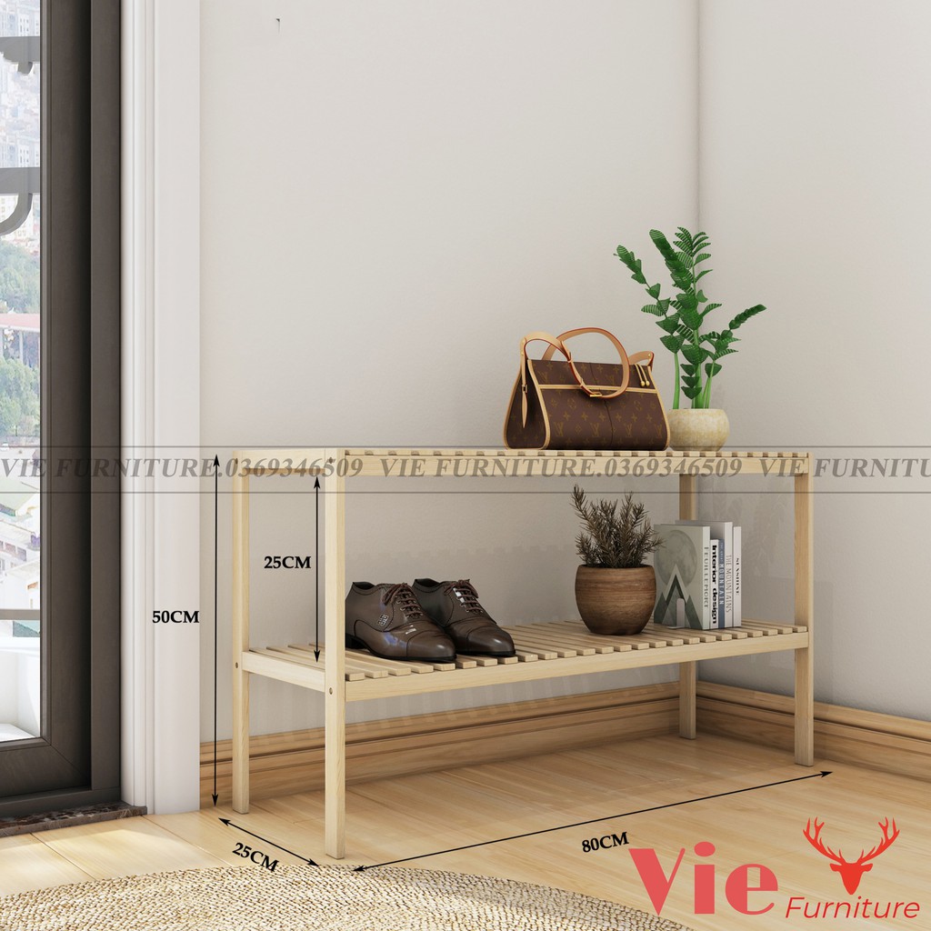 Kệ để giày 💗 kệ đầu giường gỗ thông tự nhiên 2 tầng dài 80cm phong cách hàn quốc