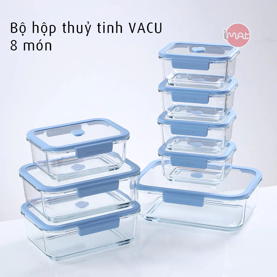 Bộ hộp thuỷ tinh chân không Neoflam VACU 8 món không kèm bơm – Dùng lò vi sóng, lò nướng, tủ lạnh, an toàn sức khỏe