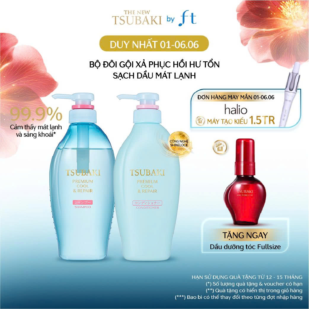 Bộ đôi Gội xả Sạch dầu mát lạnh Phục hồi hư tổn Tsubaki Premium Cool Repair Shampoo 450ml x2