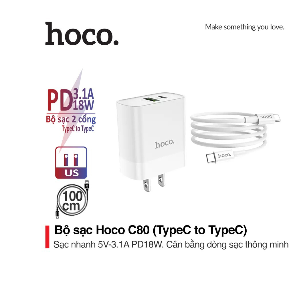 Bộ sạc nhanh pd18w hoco c80 chuôi dẹt kèm dây cáp type-c sang type-c dài 1m cho android